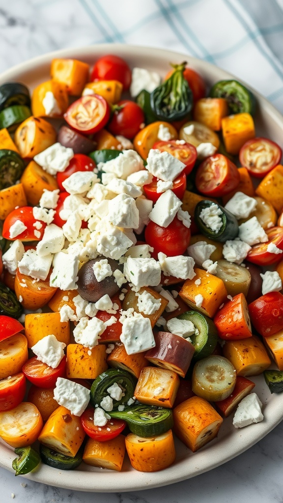 A platter of roasted vegetables including peppers, tomatoes, and zucchini topped with crumbled feta cheese.