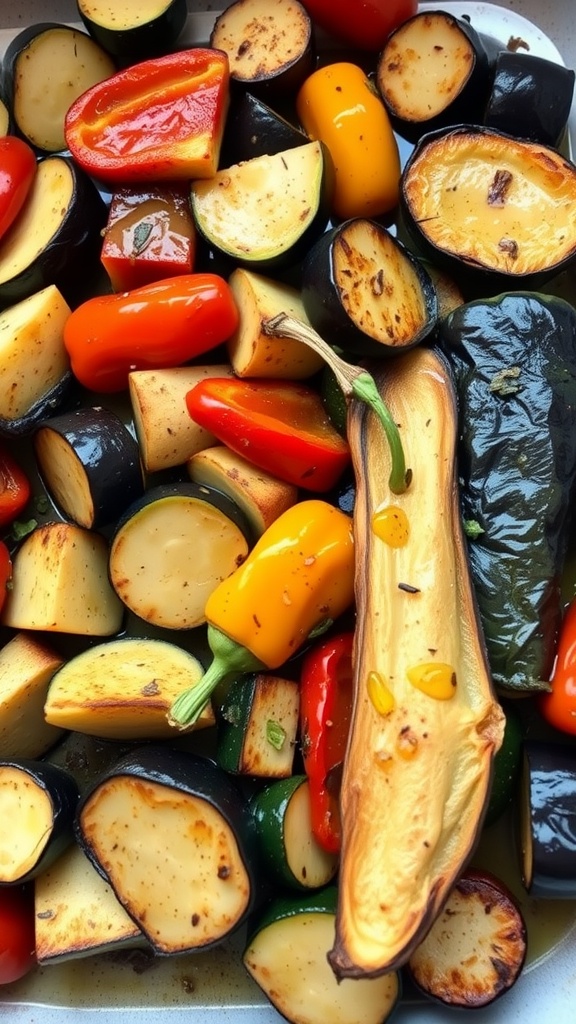 A colorful medley of roasted vegetables including bell peppers, zucchini, and eggplant.