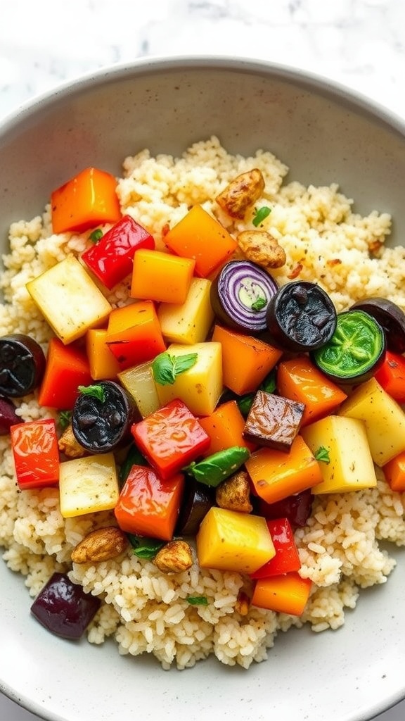 A bowl of roasted vegetables and quinoa, featuring colorful diced vegetables.