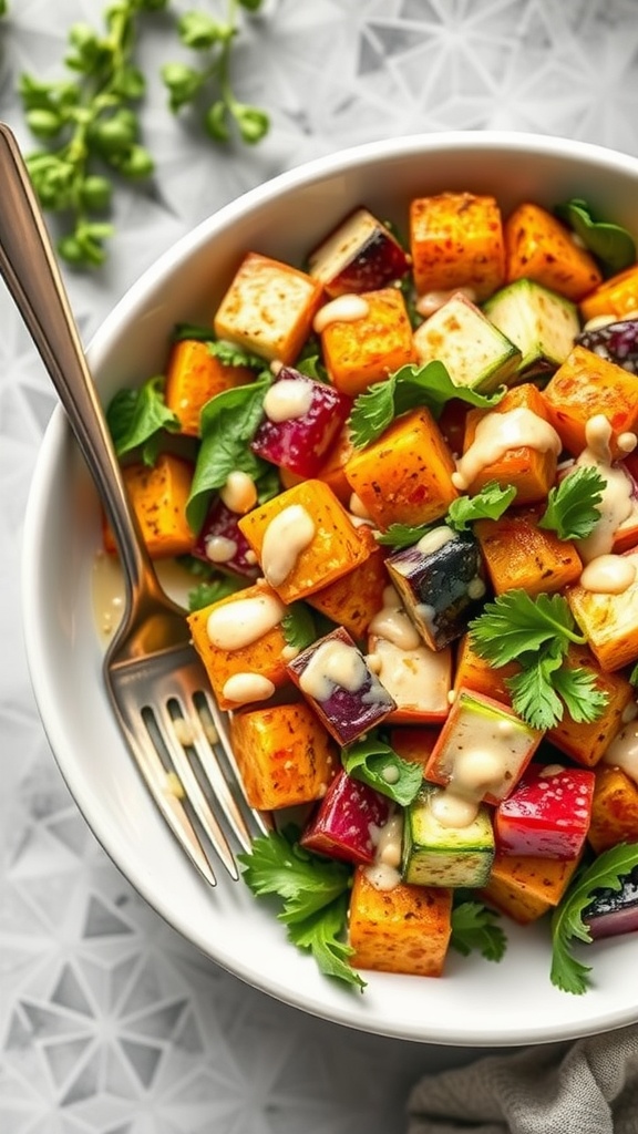 A bowl of roasted vegetable salad with tahini dressing, featuring vibrant cubes of sweet potato, zucchini, and red bell pepper garnished with fresh greens.