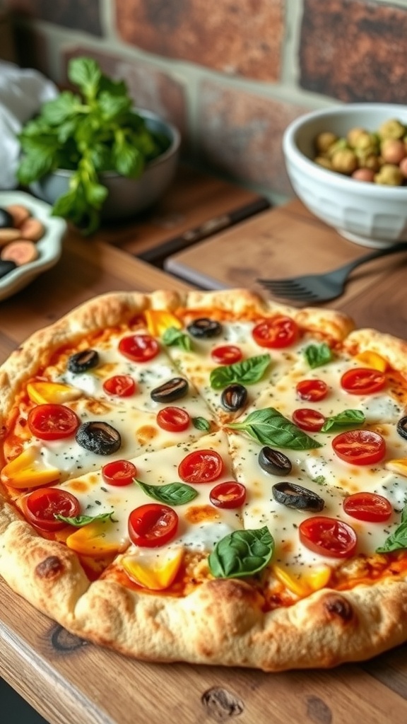 Keto-friendly pizza with tomatoes, olives, and basil on a wooden board