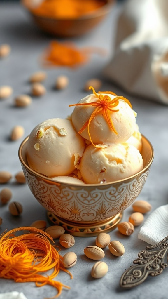Bowl of saffron pistachio ice cream with pistachios and saffron strands