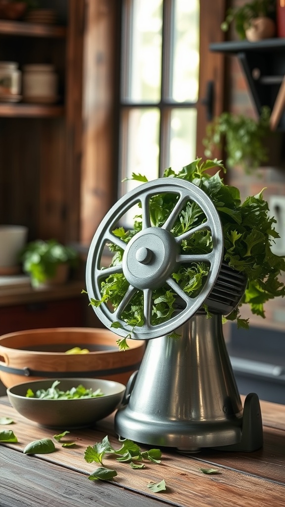 A salad spinner placed on a wooden table with fresh greens inside, surrounded by bowls.