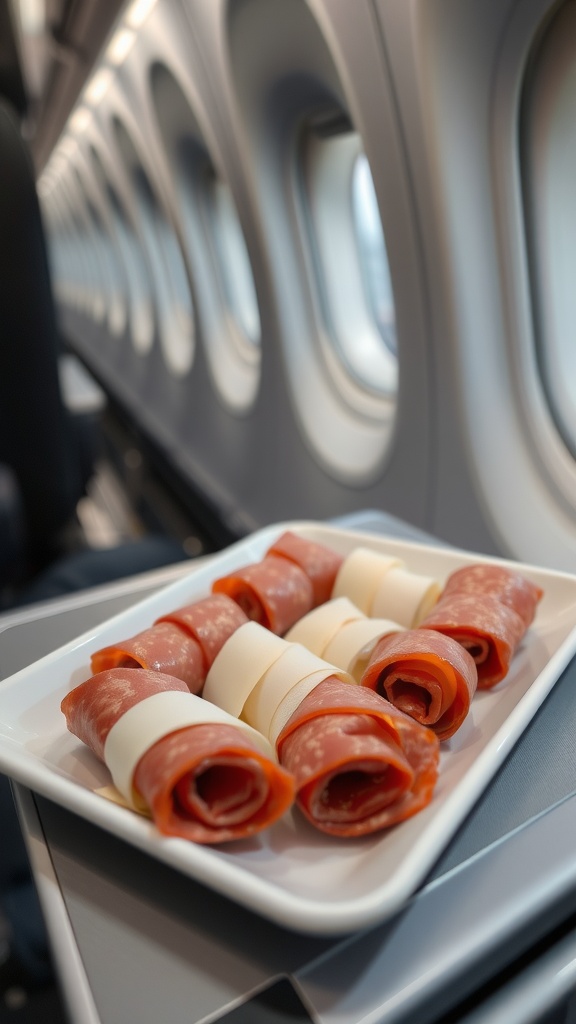 A plate of salami and cheese roll-ups on an airplane tray