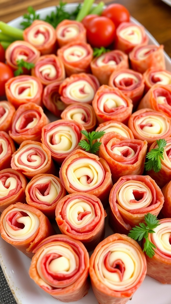 A platter of salami and cheese roll-ups garnished with fresh herbs and cherry tomatoes.