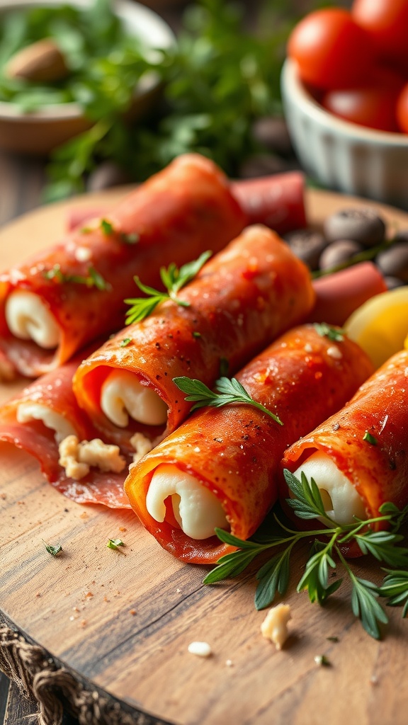 Salami and cheese roll-ups on a wooden platter, garnished with herbs.