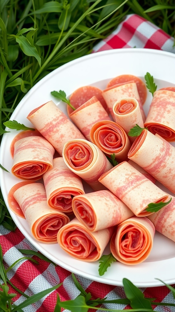 Plate of rolled salami and cheese snacks on a picnic cloth