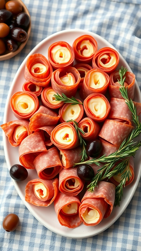 A platter of salami and cheese roll-ups garnished with olives and rosemary.