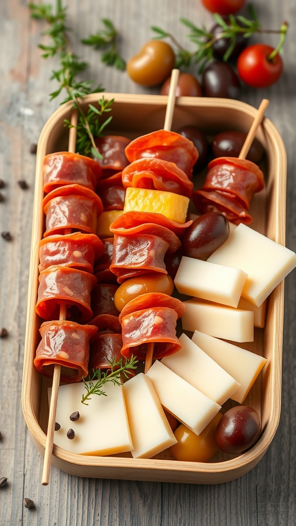 A bamboo container filled with salami and cheese skewers, featuring colorful cherry tomatoes and slices of cheese.