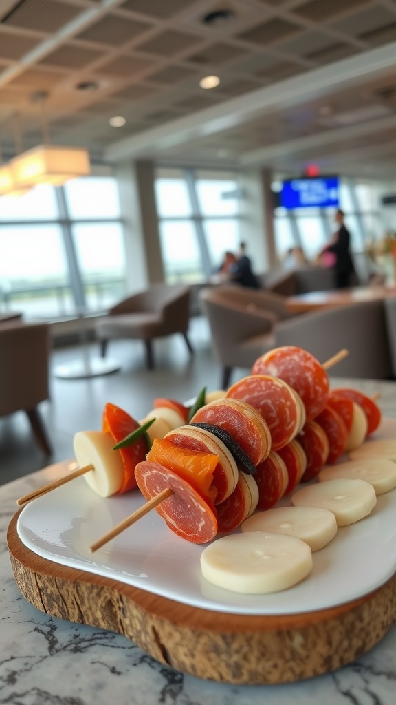 A close-up view of salami and cheese skewers on a wooden platter.