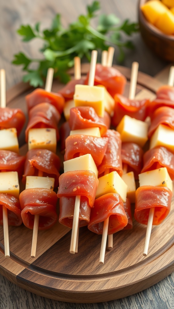 A platter of salami and cheese skewers arranged on a wooden board.