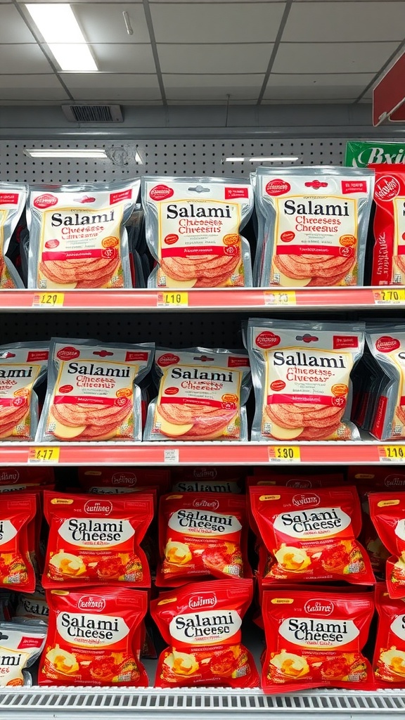 Various salami and cheese snack packs displayed on a store shelf.