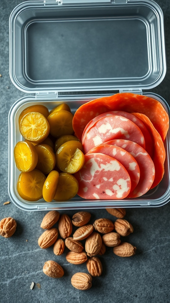 A snack pack containing slices of salami and pickles, accompanied by almonds.