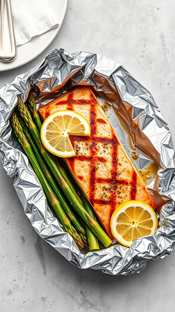 Foil pack containing grilled salmon, asparagus, and lemon slices.