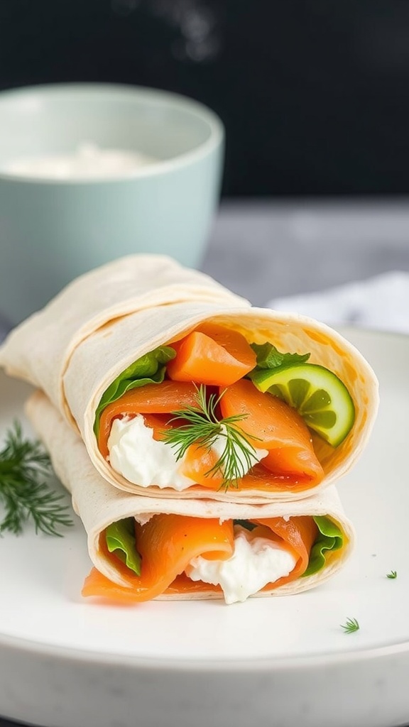 Salmon and cream cheese wrapped in a tortilla with greens and lime