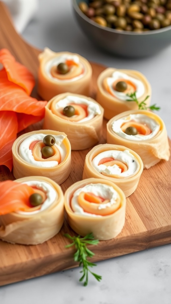 Salmon and cream cheese roll-ups displayed on a wooden board