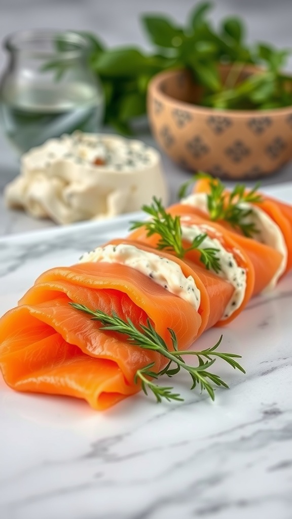 Salmon and cream cheese roll-ups garnished with herbs on a marble countertop.