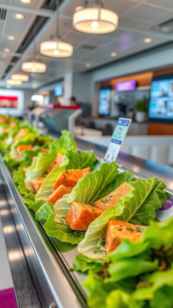 Salmon lettuce wraps displayed at an airport food counter