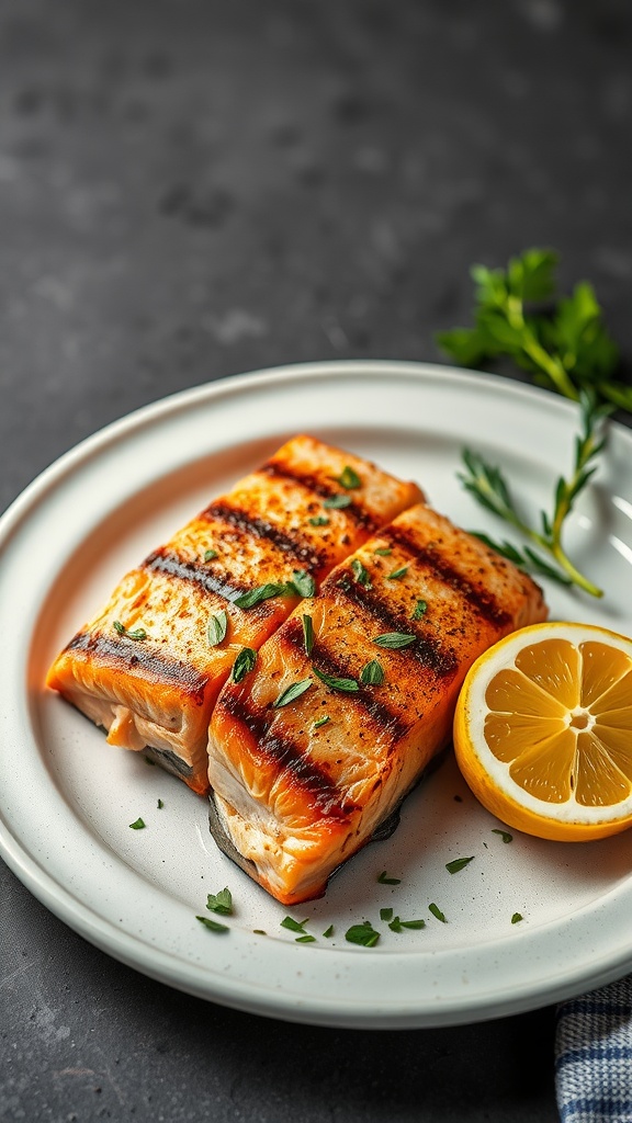 Grilled salmon fillets on a plate with a slice of lemon and herbs