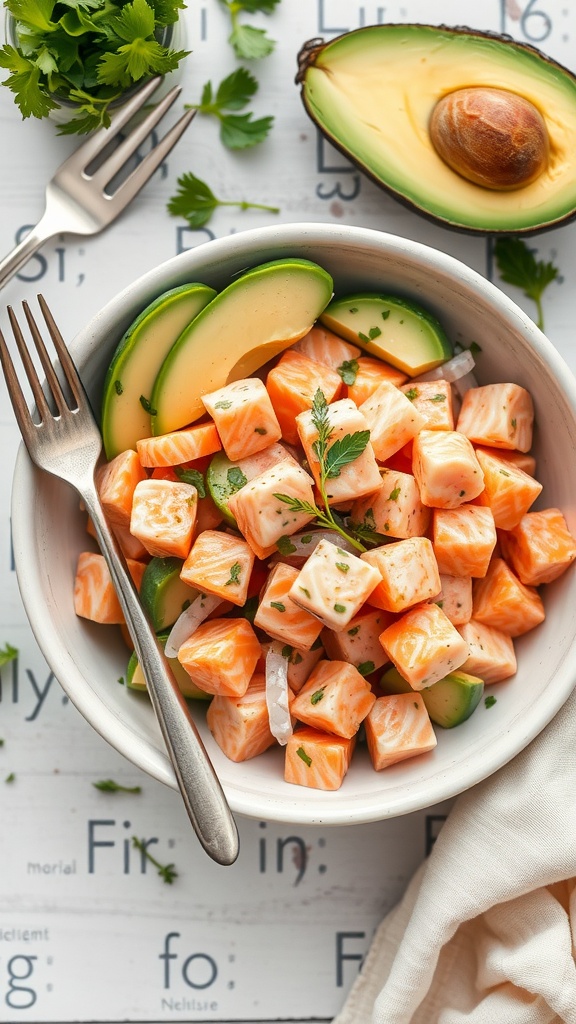 Bowl of salmon salad with avocado slices and fresh herbs