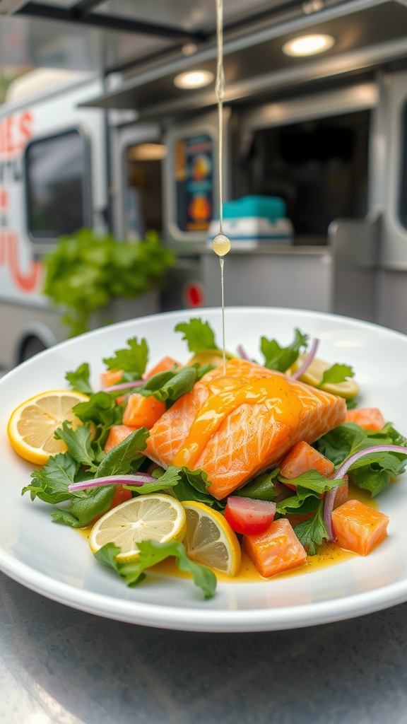 A delicious salmon salad topped with lemon dressing, served on a plate with fresh greens and tomatoes.