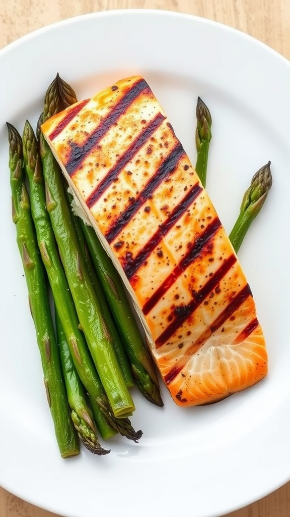 Grilled salmon fillet served with asparagus on a white plate.