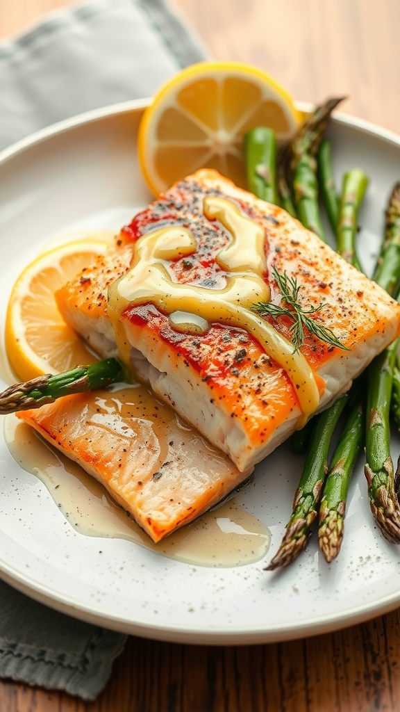 A plate of salmon fillet with asparagus and a lemon wedge