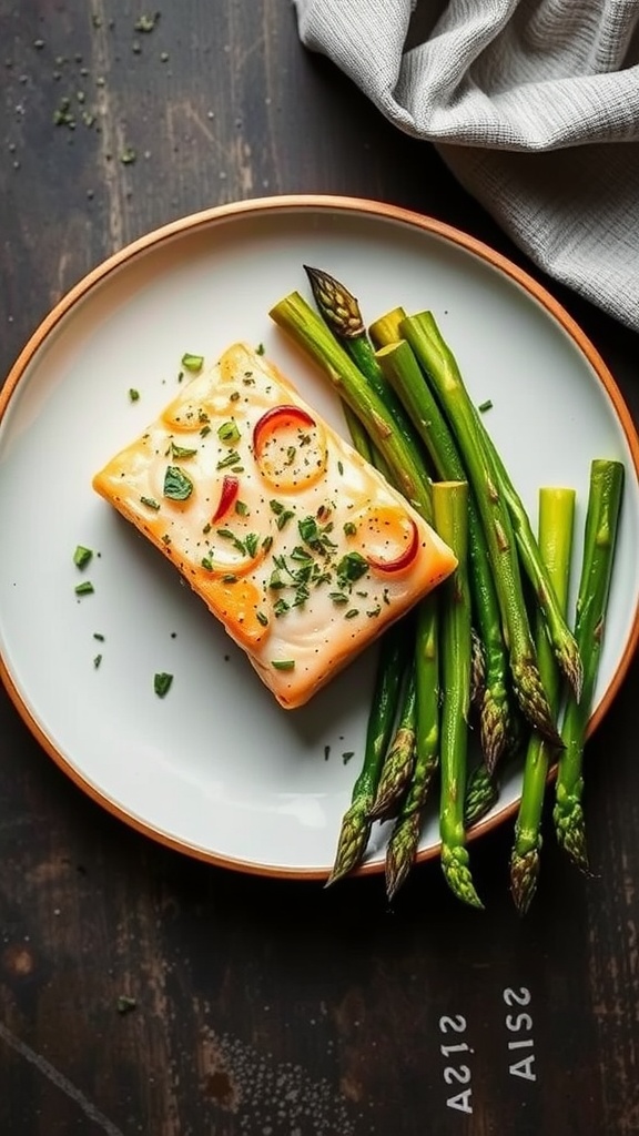 A plate of salmon fillet with asparagus on the side.