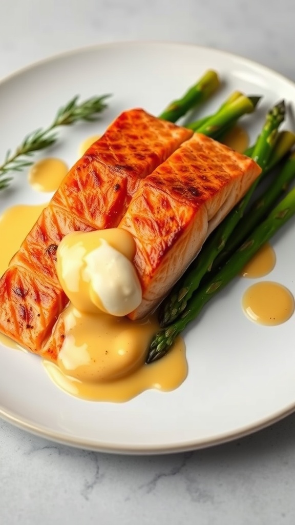 Grilled salmon fillets served with asparagus and a rich hollandaise sauce.