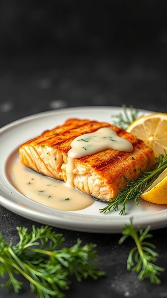 A delicious piece of grilled salmon topped with a creamy lemon dill sauce, served with lemon wedges and fresh herbs.