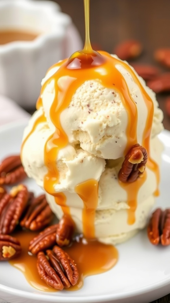 A scoop of salted caramel pecan ice cream drizzled with caramel, surrounded by pecans.