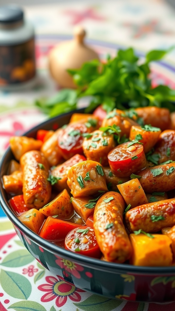 A bowl of sausage and pepper casserole with colorful vegetables.