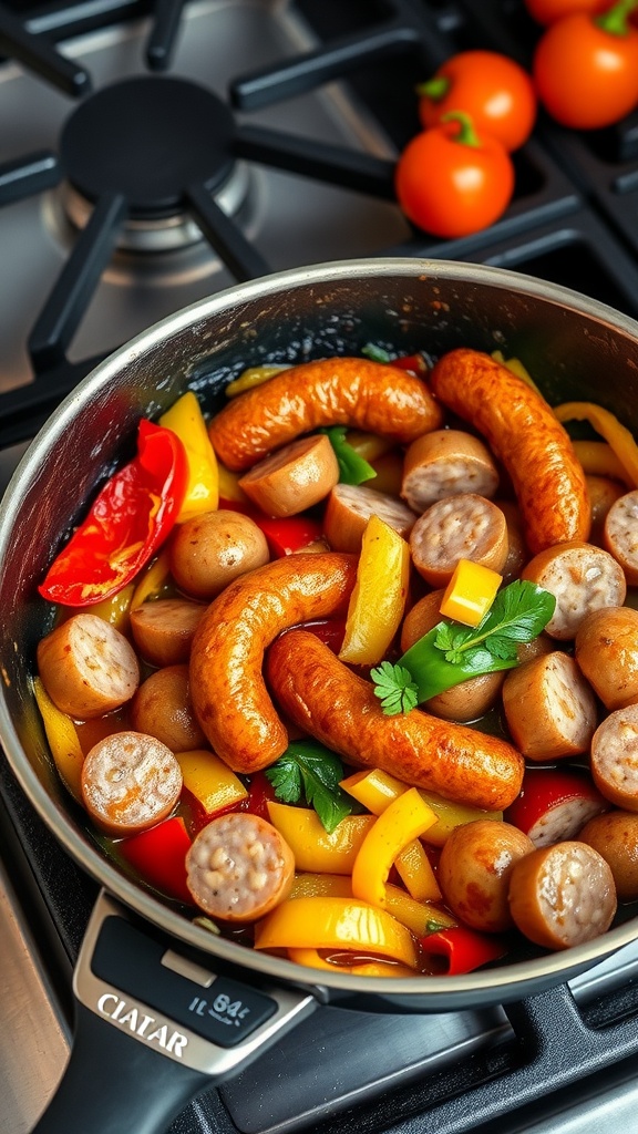 A skillet filled with sausage and colorful bell peppers on a stove