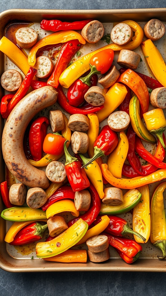 A colorful array of sausage slices and bell peppers on a sheet pan.