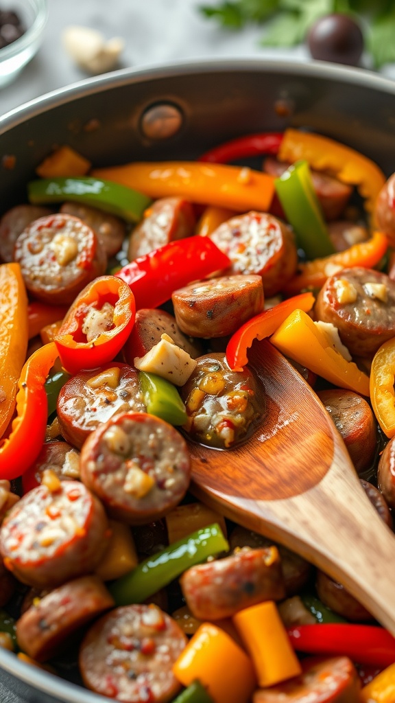 A skillet filled with sliced sausage, colorful bell peppers, and garnished with fresh herbs.