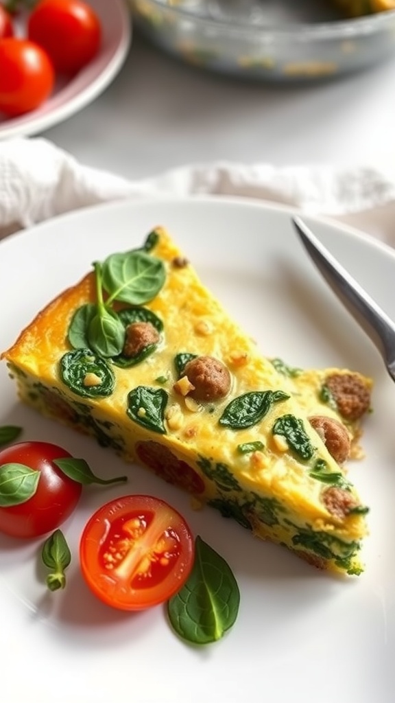 A slice of sausage and spinach frittata on a plate, garnished with cherry tomatoes and fresh herbs.