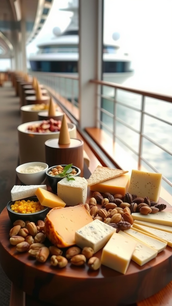 Plate of various cheeses and nuts on a cruise ship.