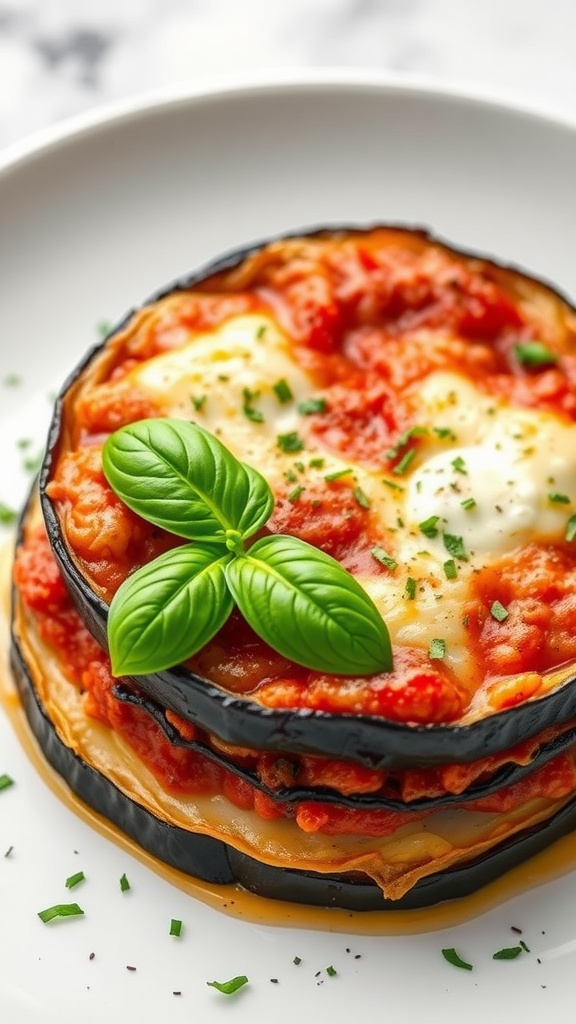 A plate of eggplant parmesan garnished with basil leaves.