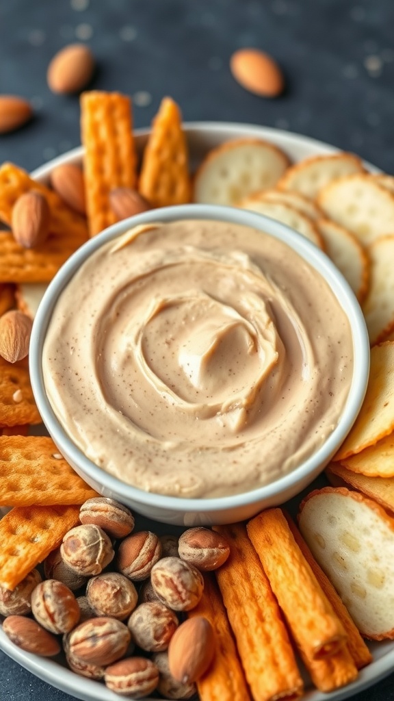 Bowl of almond butter dip surrounded by crackers and nuts