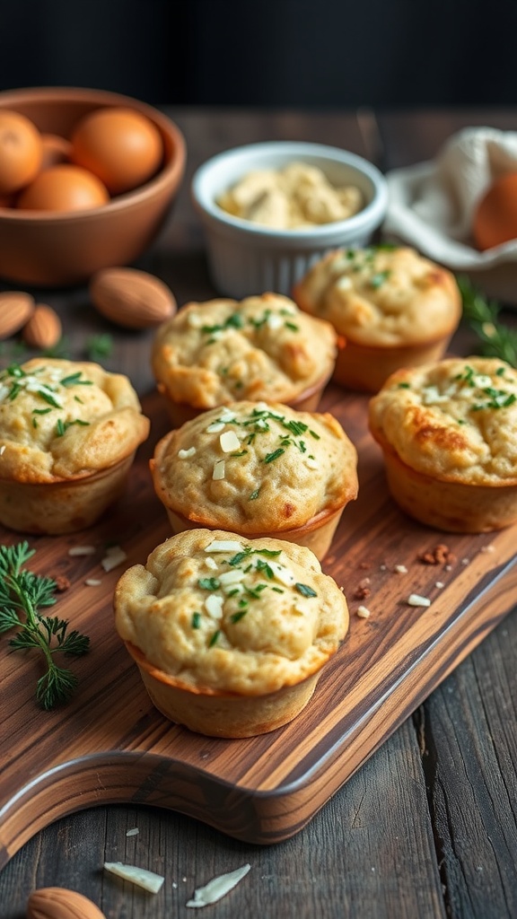 Savory almond flour muffins on a wooden board with eggs and almonds in the background.