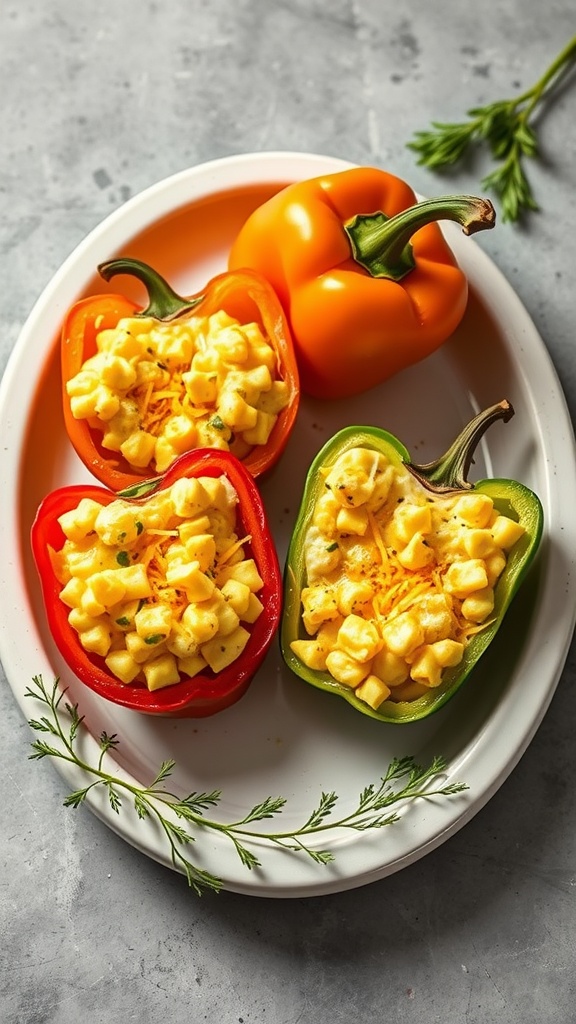 Colorful bell peppers filled with scrambled eggs and cheese, served on a plate.