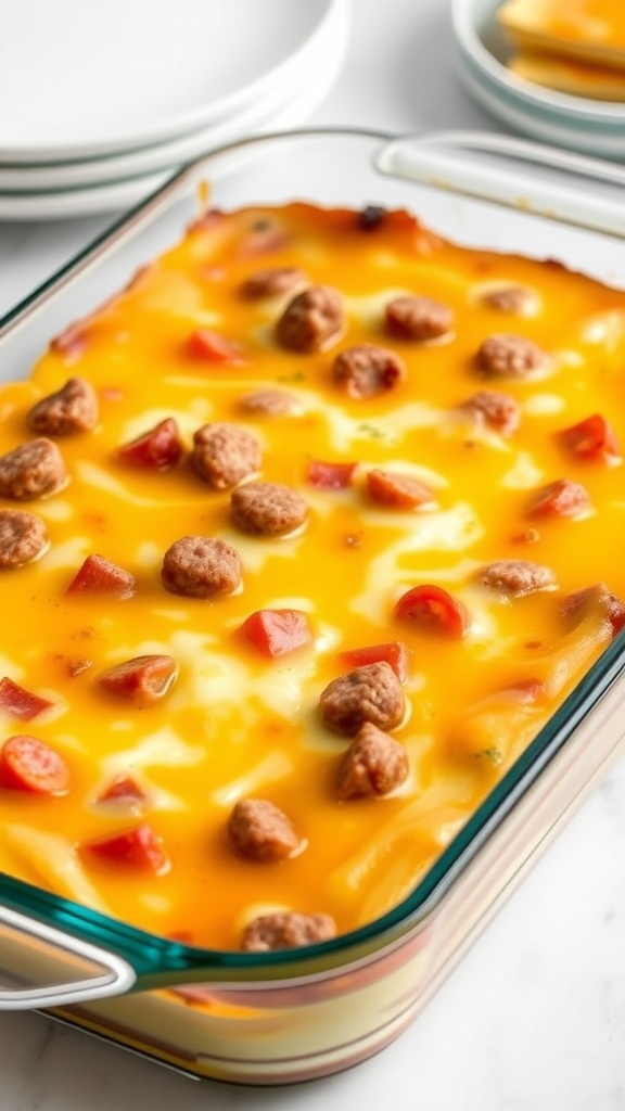 A delicious breakfast casserole with sausage, eggs, and diced peppers.