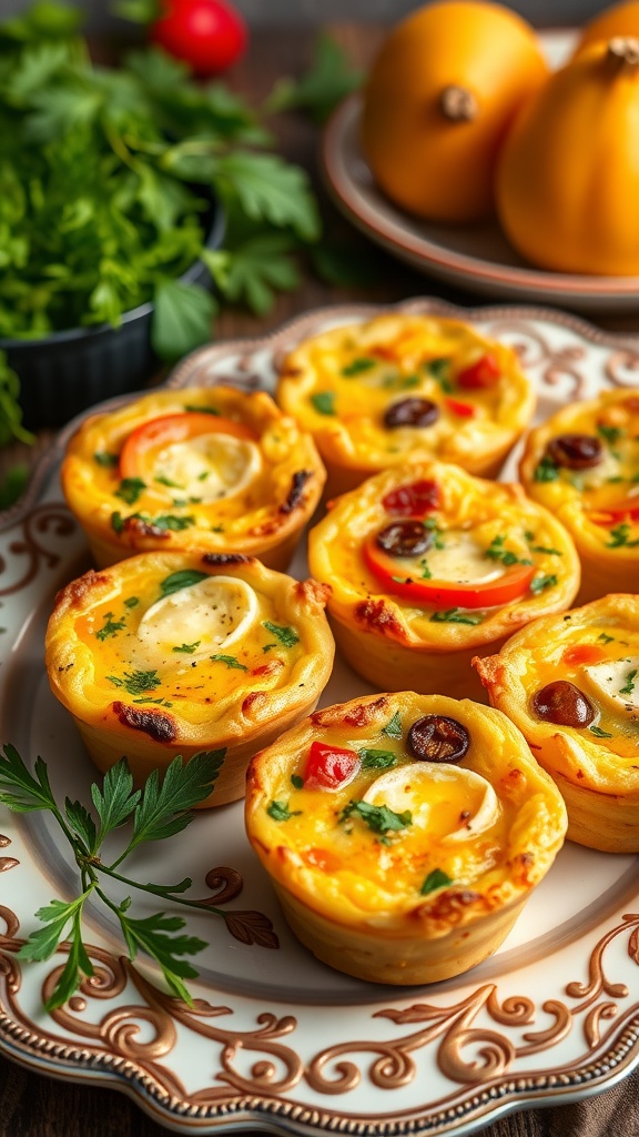 A plate of savory breakfast quiche cups with colorful ingredients