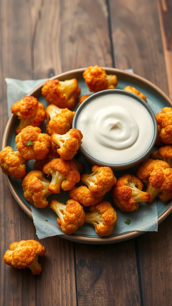 A plate of golden crispy cauliflower bites served with a creamy dipping sauce.