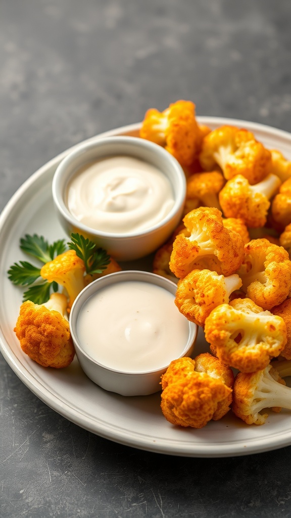 Plate of colorful cauliflower cheese bites with dipping sauce