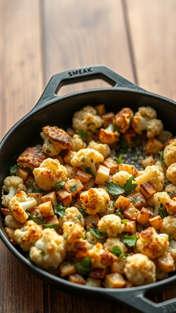 A skillet filled with savory cauliflower hash, featuring golden cauliflower florets and diced potatoes, garnished with fresh herbs.