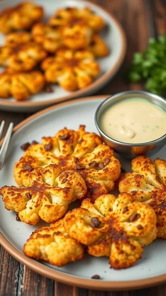 A plate of golden-brown cauliflower hash browns with a dipping sauce.