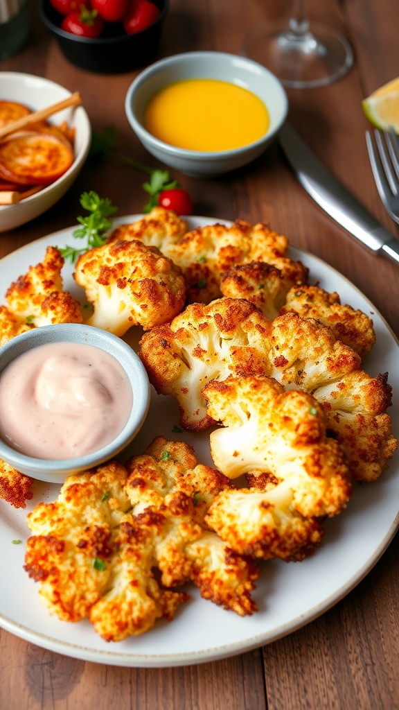 Plate of crispy cauliflower hash browns with dipping sauces