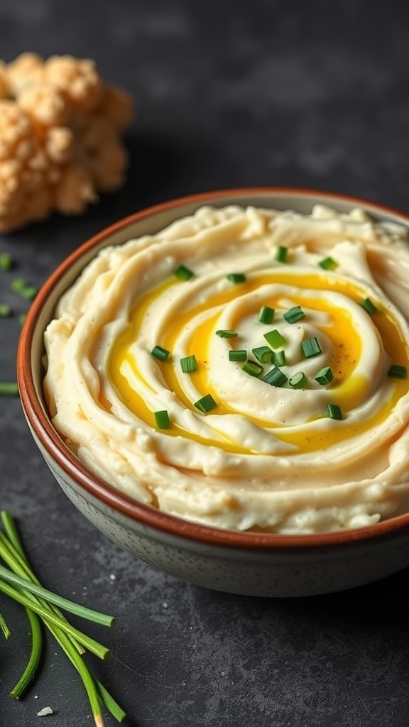 A bowl of creamy cauliflower mash topped with olive oil and chopped chives.