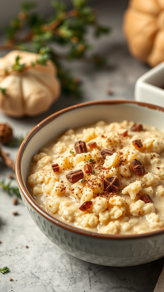 A bowl of savory cauliflower oatmeal topped with nuts and spices, surrounded by herbs.